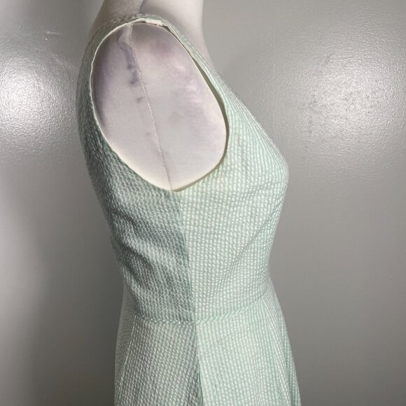 J. CREW A Line Dress Sz 0 Green White Seersucker Pleated Sleeveless Back Zip - Picture 14 of 16